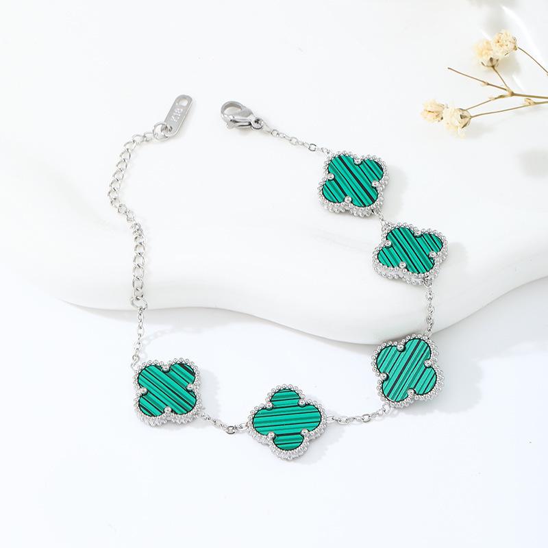 18K Gold Plated Mother-of-Pearl Four-Leaf Clover Jewelry Set: Bracelet, Necklace, Ring, Stud Earrings