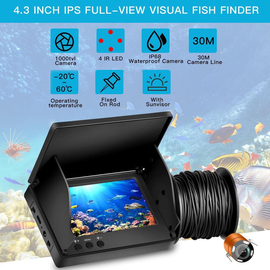 4.3 Inch Underwater Fishing Camera Wide-angle Infrared Night Vision HD Fish Finder 30M 1000TVL Waterproof Video Fish Finder