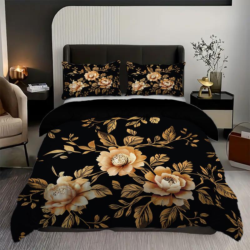 Gold Flower Pattern 3D Printed Quilt Cover Elegant Soft Comfortable Bedding Set Luxury Home Textiles Duvet Cover Set Pillowcases