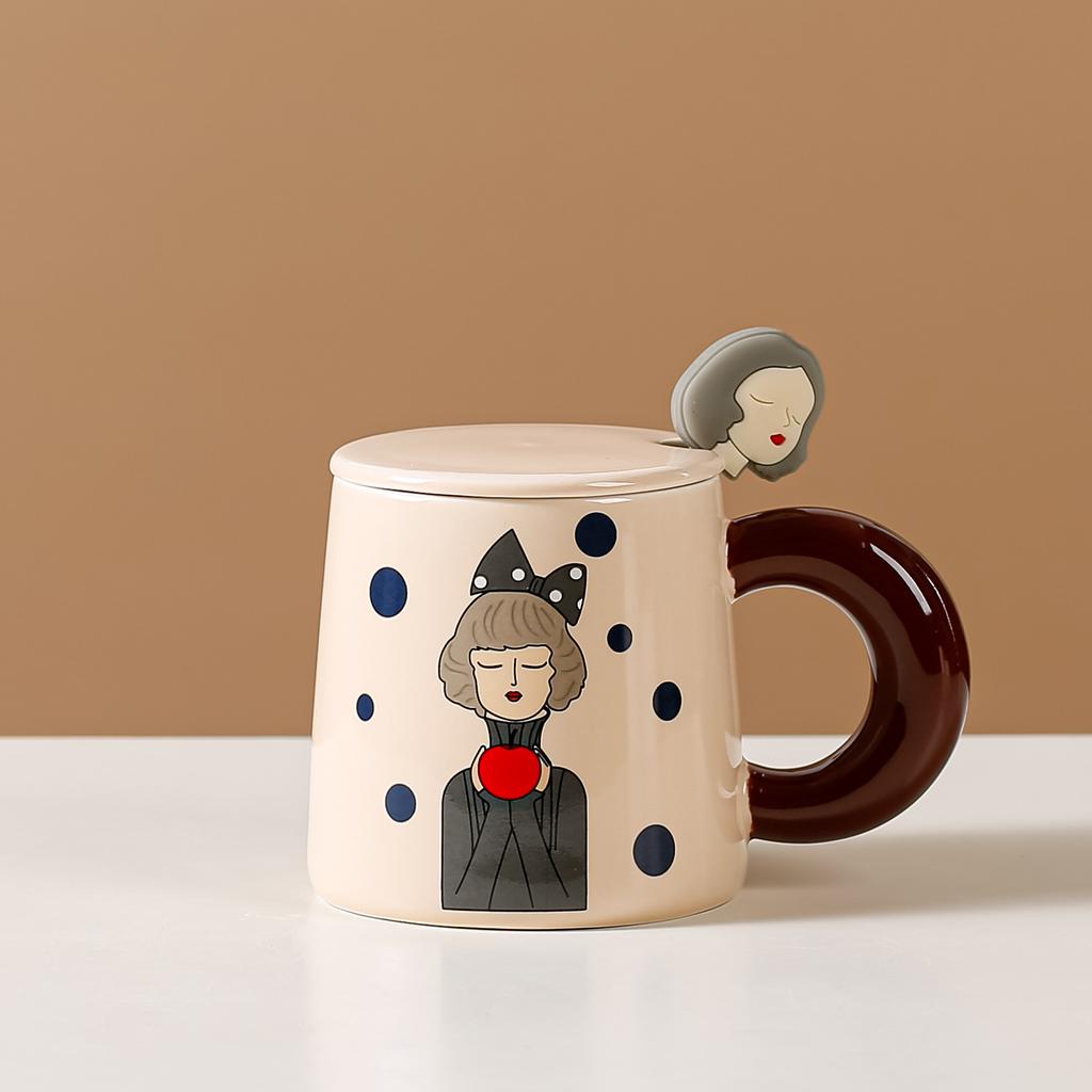 Мультяшная керамическая чашка с крышкой-ложкой, современная кружка для девочек, креативная контрастная цветная чашка для завтрака, бытовая чашка для воды, парная чашка