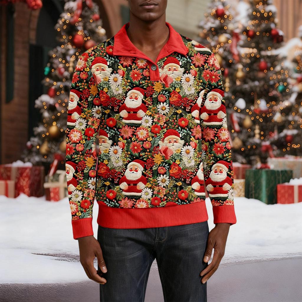 Мужская рождественская хлопковая рубашка-пуловер с длинным рукавом для активного отдыха, винтажная вельветовая рубашка с воротником-стойкой и пуговицами, повседневная толстовка с рождественским принтом