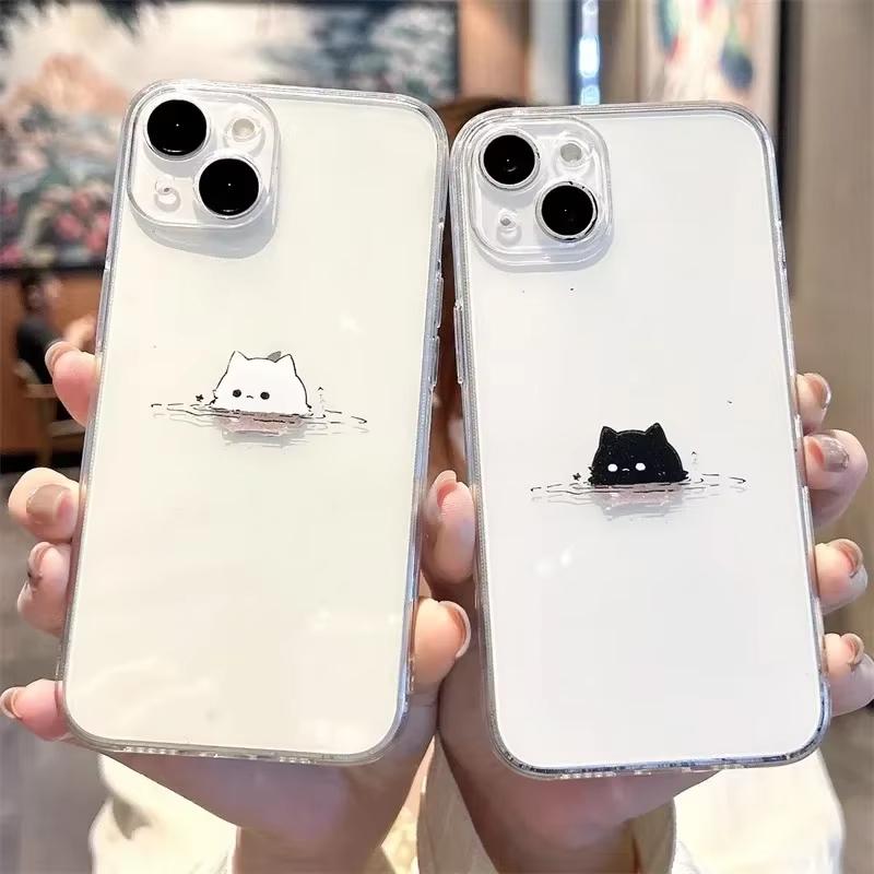 Забавный Черно-Белый Кот Любители Пара Чехол для Телефона Для iPhone 16 15 14 13 12 11 Pro Max XS X XR 7 8 SE Силиконовый Парный Чехол Funda