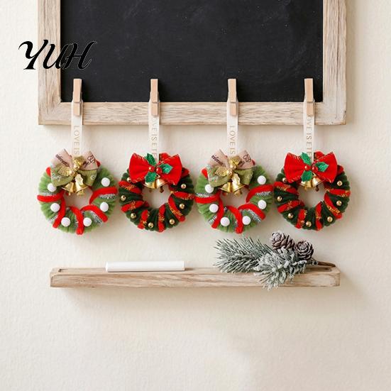 Plastic Festive Pendant Handmade Pipe Cleaner Christmas Wreath Ornament, Chenille Stems Mini Cute Holiday Ornament Crafts with Bow Bells for