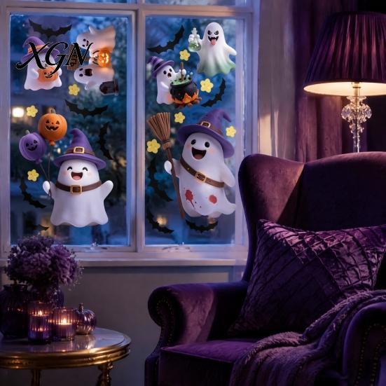 Transparent Window Murals 2Pcs Cute Ghost Halloween Static Stickers, PVC Waterproof Cartoon Pumpkin Bat And Decals Star Glass Decals, Reusable Clings