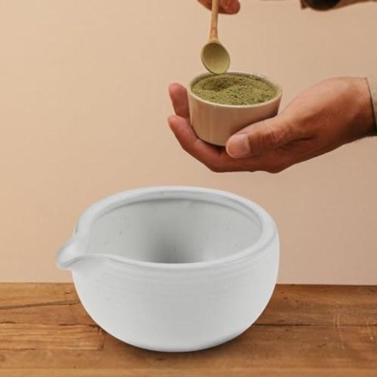 Traditional white ceramic matcha bowl tea ceremony spout easy pour smooth surface capacity 525ml simple beautiful design.