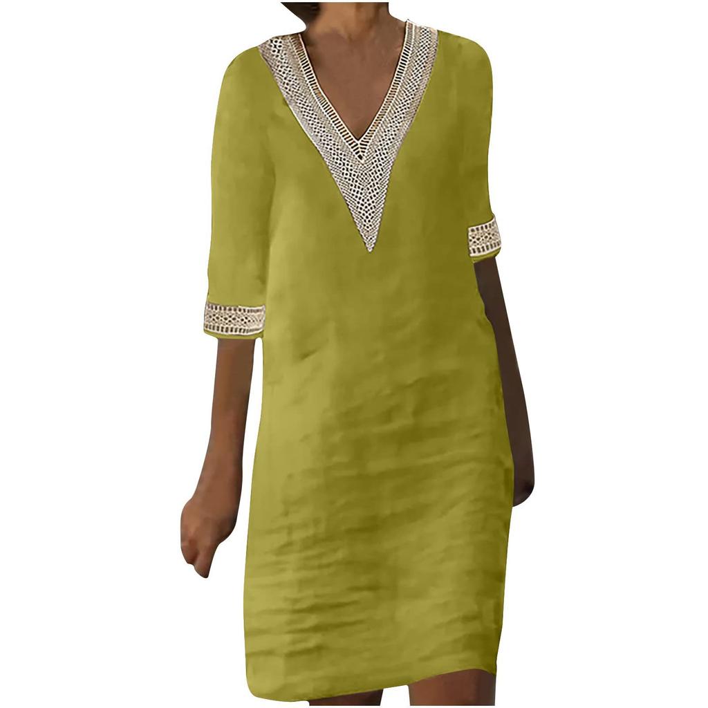 Women's Solid Color V-neck Mid Sleeve Cotton Linen Casual Dress