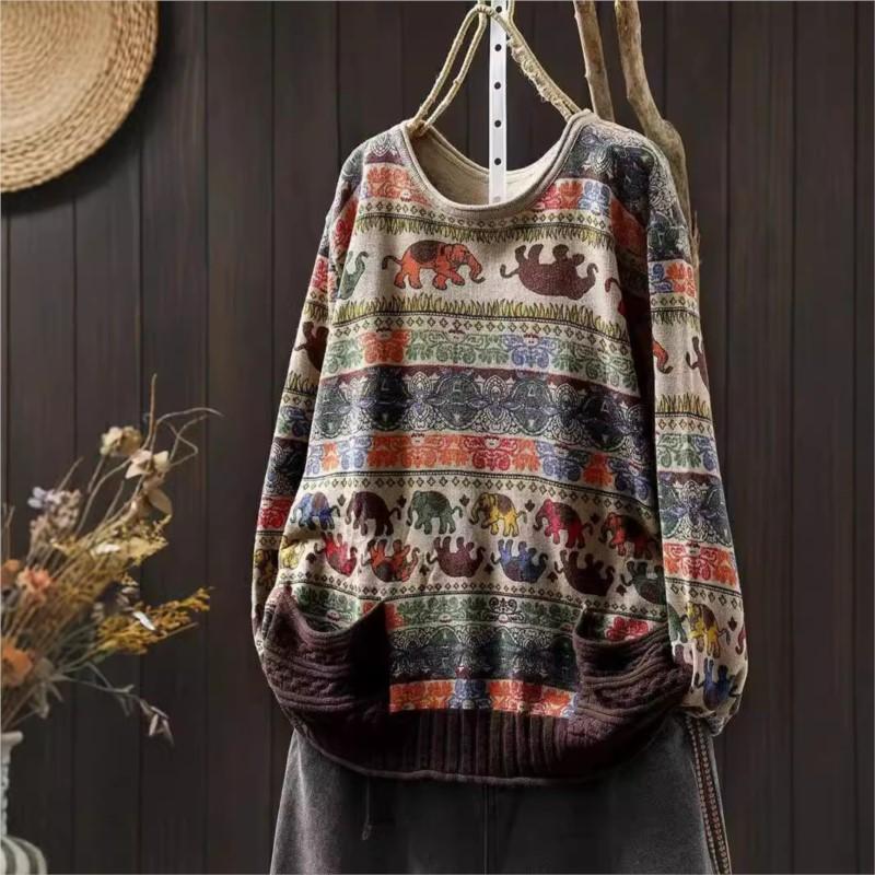 Johnature Woman Autumn Elephant Print Double Pockets Contrast Sweater Casual Loose Vintage Style O-Neck Sweater