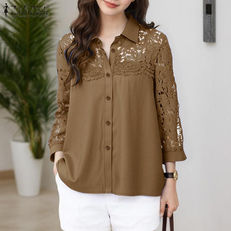 ZANZEA Women Casual Hollow Crochet Patchwork Loose 3/4 Sleeve Blouse