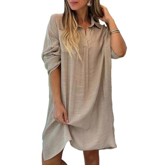Lady Beach Shirt Dress with Cufflinks Thin Loose Side Slit Midi Dress