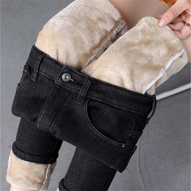 Autumn Winter Women Thicken Stretch Skinny Jeans Fashion Button High Waist Black Warm Jeans Lady Vintage Blue Denim Pencil Pants