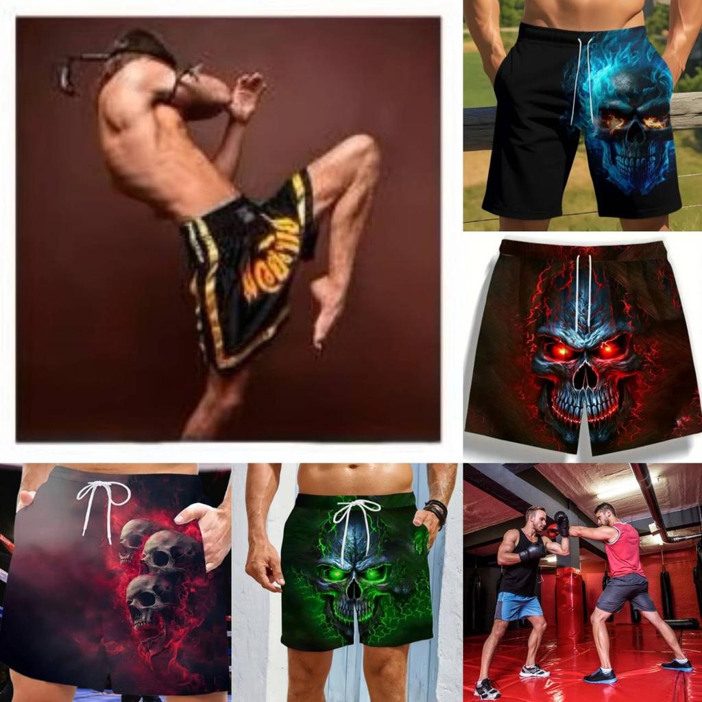 Vintage Skull Ghost Boxing Muay Thai Kickboxing Shorts Pants 3D Print Training Unisex Men Women Quick Dry Fitness Gym Sport Workout Casual Streetwear