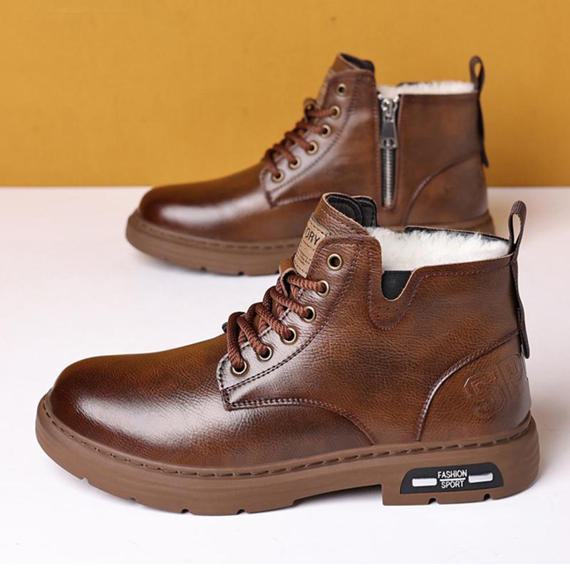 2025 Winter Genuine Leather Shoes Mens Snow Boots Warm Plush Flat Brand Male Ankle Boots Black Brown Non-slip