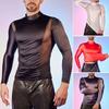 Мужская сексуальная сетчатая футболка, масляный глянцевый блестящий топ, облегающий топ в стиле пэчворк, дышащая рубашка с длинным рукавом, эластичная обтягивающая куртка для повседневной вечеринки в клубе