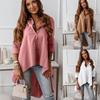Women Spring Autumn Long Sleeve Lapel Solid Color Loose Irregular Long Shirt Blouse Top