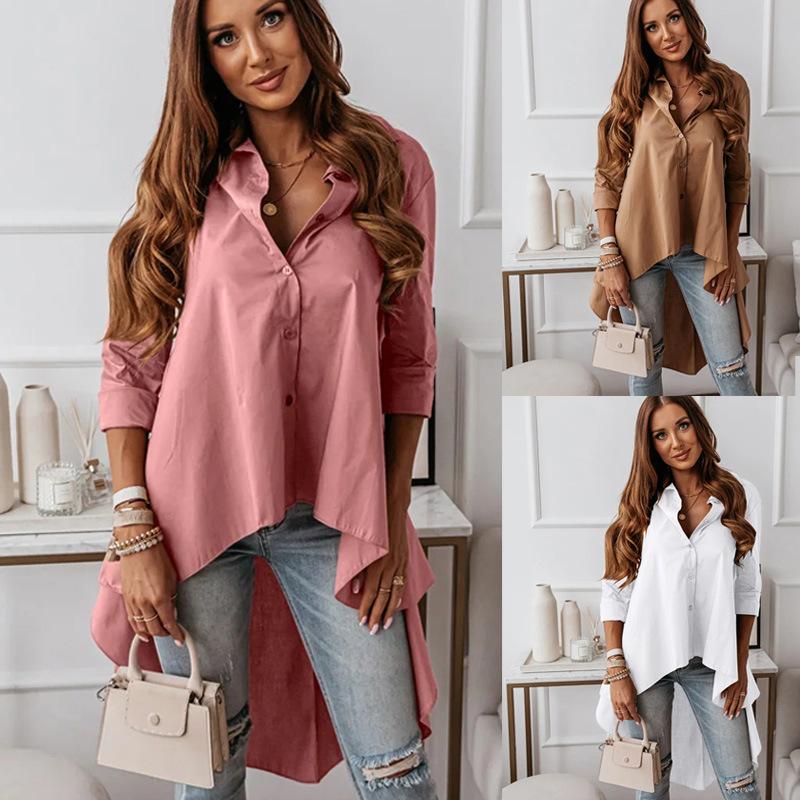 Women Spring Autumn Long Sleeve Lapel Solid Color Loose Irregular Long Shirt Blouse Top