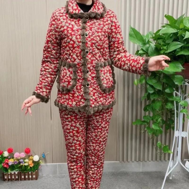 Winter Plus Velvet Thick Cotton-padded Jacket and Trousers Pajamas Suit Women's Warm Padded Jacket Two-piece Cotton-padded Jacket