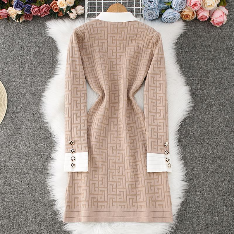 Autumn Winter Women Elegant Polo Collar Designer Print Bowtie Knitted Sweater Office Party Slim Bodycon Sheath Dresses