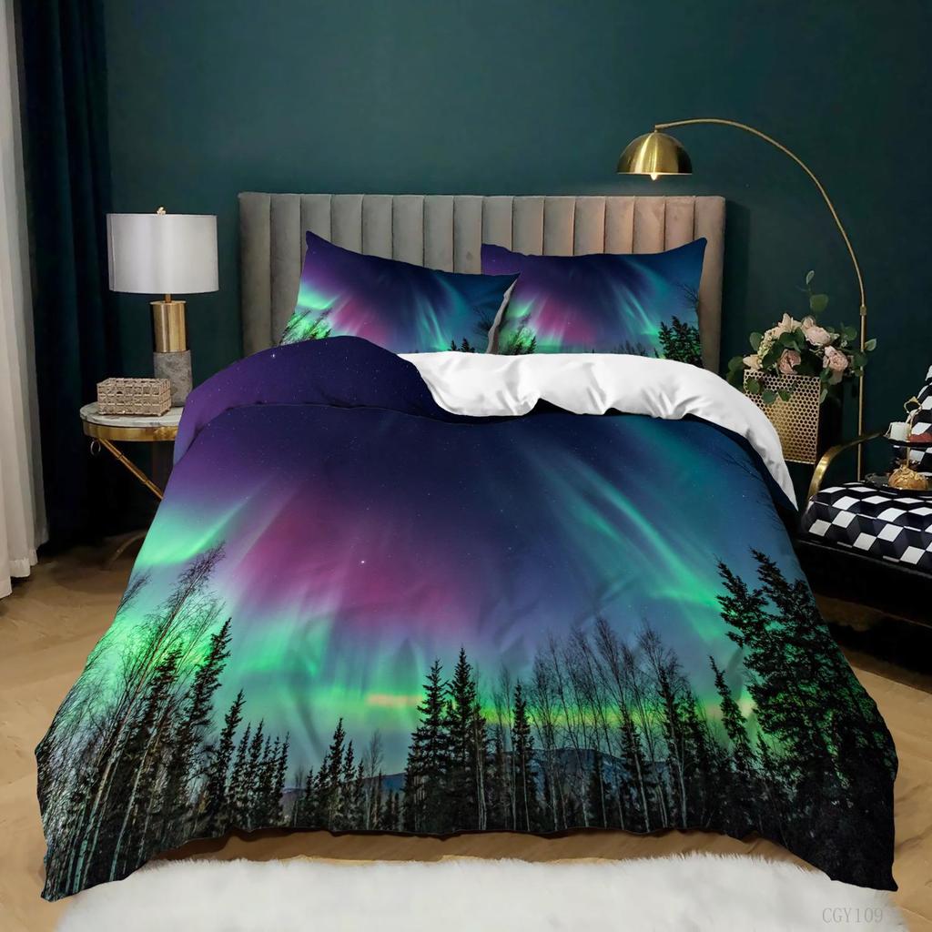 Aurora Borealis Полиэстер Пододеяльник Комплект Дерево Под Магнитным Полем Природы с Северным Сиянием Пейзаж Картина King Size