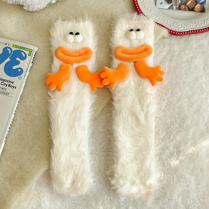 1 Pair Cartoon Socks Funny Expression Decoration Animal Big Eyes Thick Fuzzy Plush Warmth Retention Fall Winter Floor Socks Holiday Gift