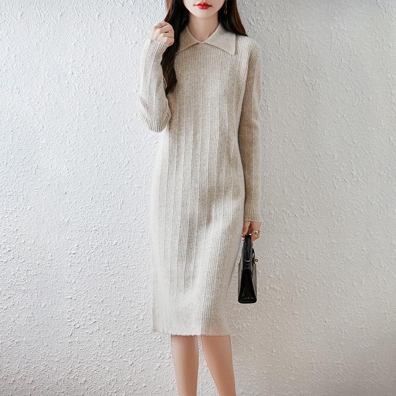 Women Sweater Dress 100% Wool TIDENOVEL Turn-down Collar Knit Long Pullover Winter Jumpers Wool Long Dress Female