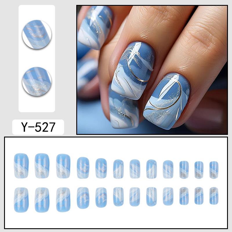 Fresh Blue & White Gradient Short Square Detachable False Nails with Irregular Lines