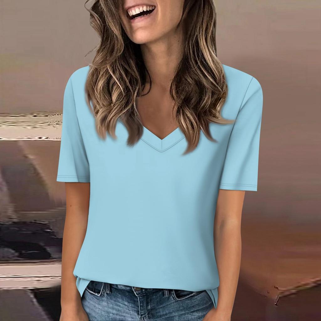 Женская футболка с v-образным вырезом, топ с короткими рукавами, повседневная однотонная футболка