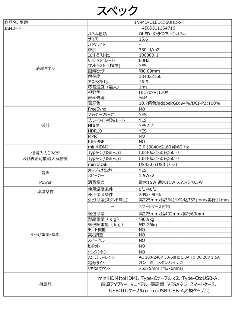 JAPANNEXT inch organic EL panel 4K resolution mobile monitor miniHDMI USB microUSB USB OTG compatible HDR touch panel smart case included 15.6 (OLED)