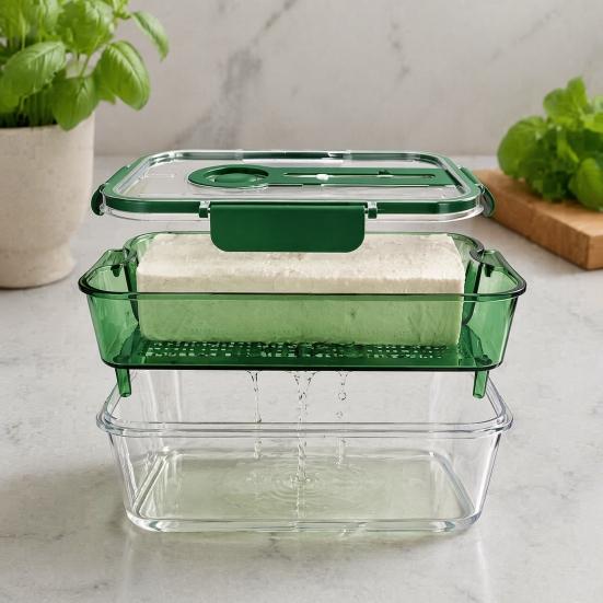 Odor Proof Storage Box Crisper Box, with Mesh Drain Strainer, Tofu Whey Greek Yogurt Maker Separation Food Container, for Fresh Fruit Vegetable