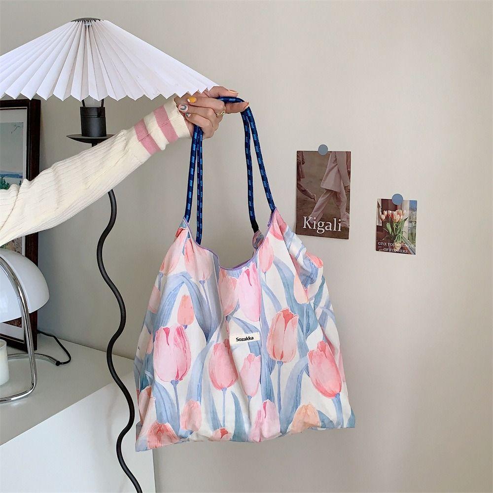 Large Capacity Drawstring Shopping Bag Reusable Travel Tote Bag Portable Canvas Shoulder Bag