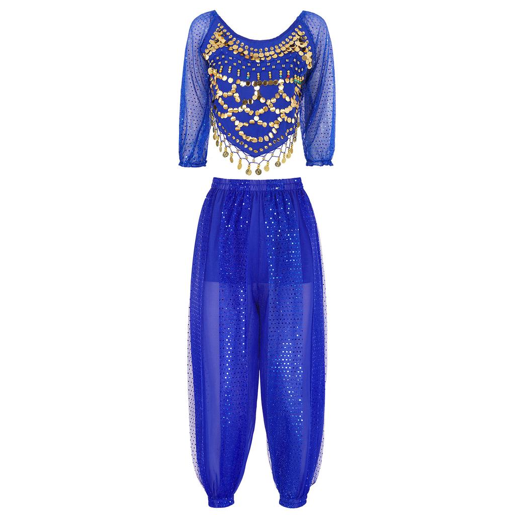 Женский костюм для танца живота, расшитый блестками шифоновый топ с шароварами, завязывающийся сзади дизайн для сценических выступлений