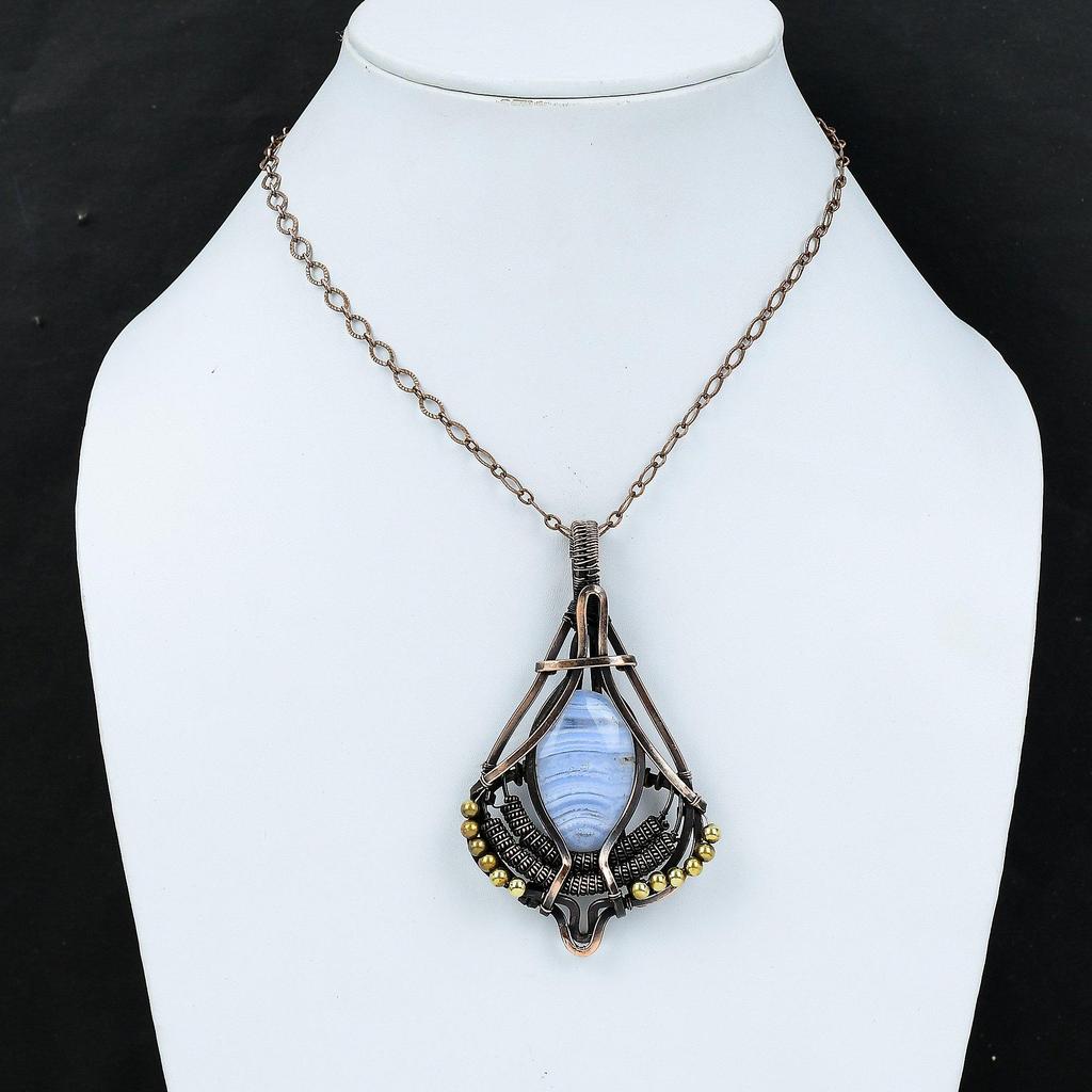 Кулон из голубого кружевного агата, кулон, обернутый медной проволокой, медные украшения, очень красивый кулон с драгоценным камнем, украшения из проволоки, кулон ручной работы для подарка