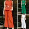 Summer Women Floral Print Tank Pants Casual Suit Set Vest Pants Sleeveless O Neck Flower Embroidery Wide Leg Loose Pockets Straight Solid Color
