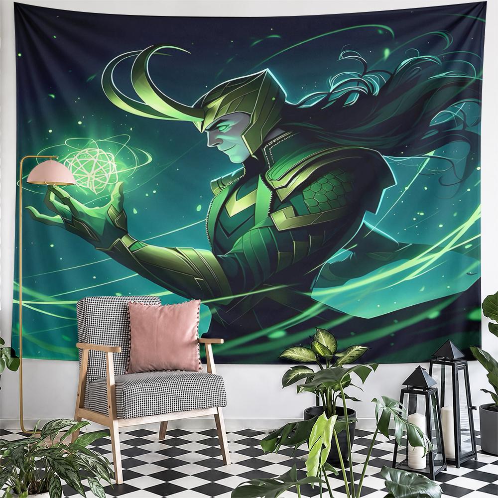 Loki Casting Green Magic Orb with Horned Helmet Dark Fantasy Wall Tapestry Decor for Man Cave Bedroom Gift
