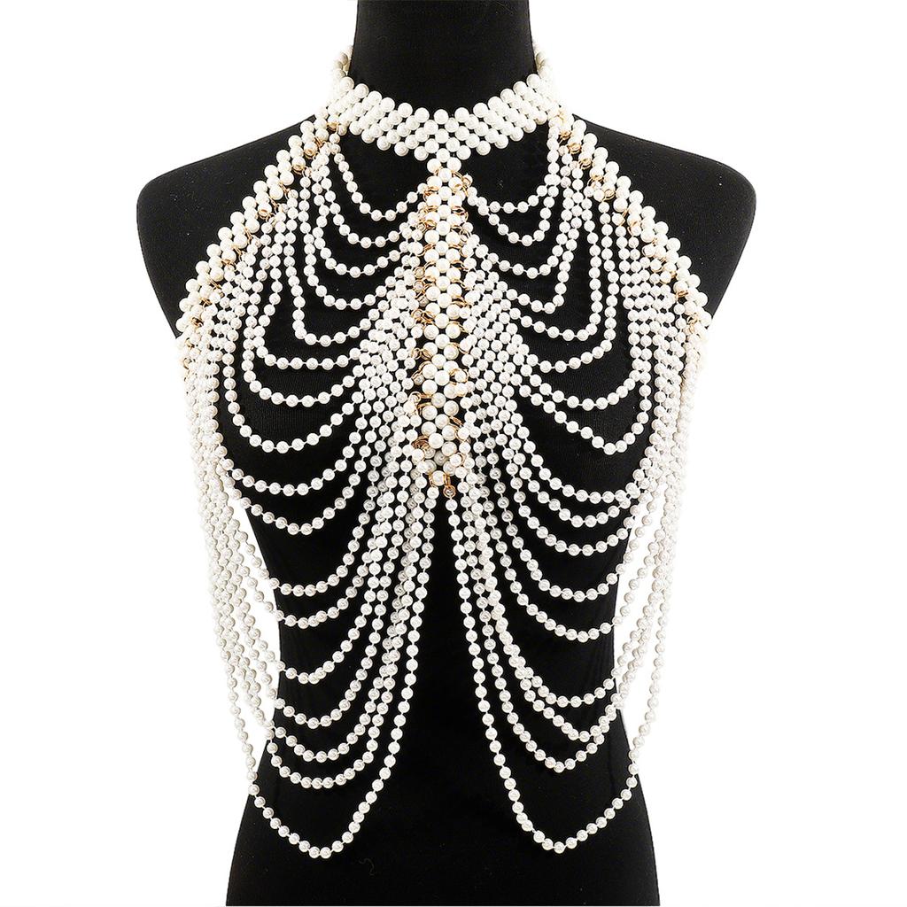 Fashion Body Chain Handmade Woven Shawl Pearl Tassel Wave Dress Wedding Costume Accessories
