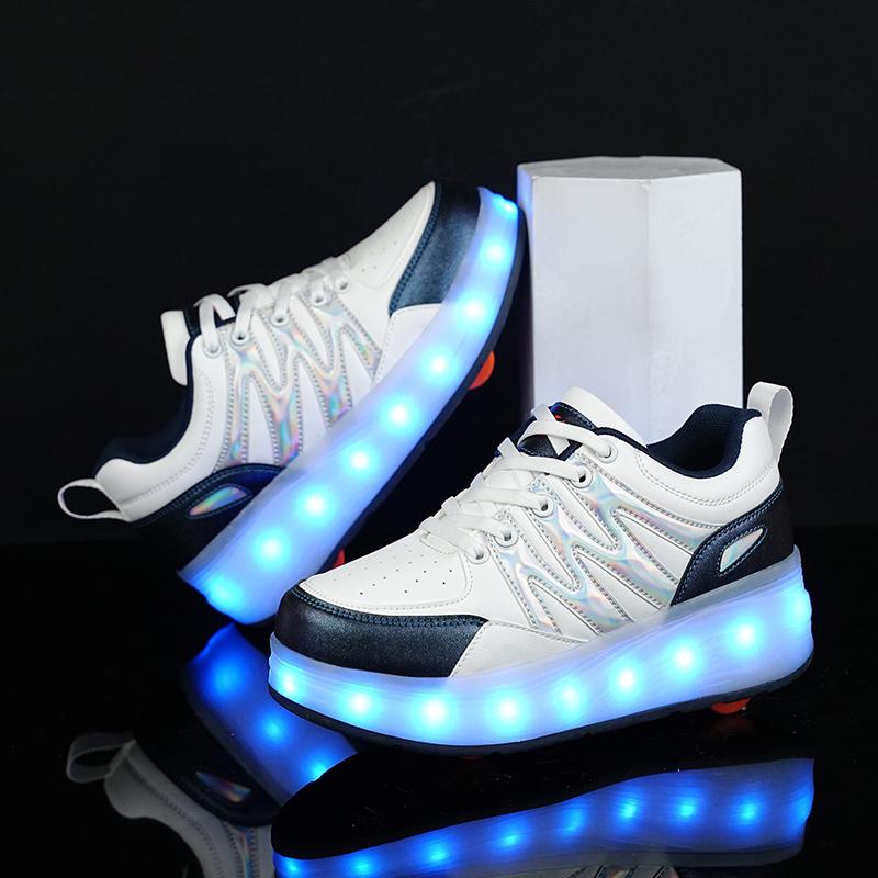 Четырехколесные детские туфли Heely с колесами, спортивная обувь с зарядкой через USB, светодиодная спортивная обувь для девочек, роликовые коньки