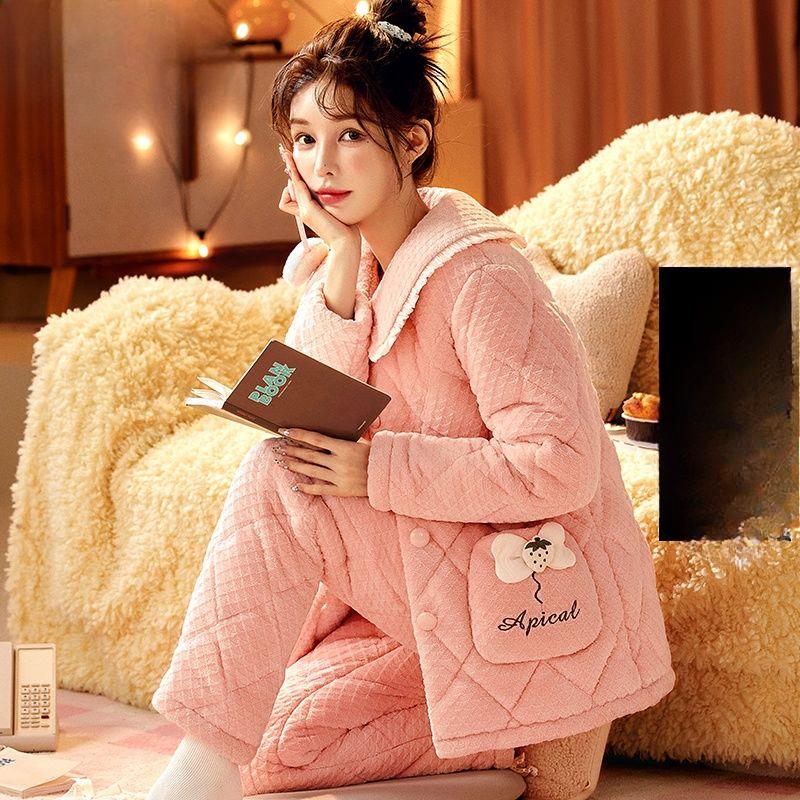 Коралловая бархатная пижама женская зимняя трикотажная стеганая куртка из толстой фланели корейский кашемировый женский комплект домашней одежды можно носить на улице