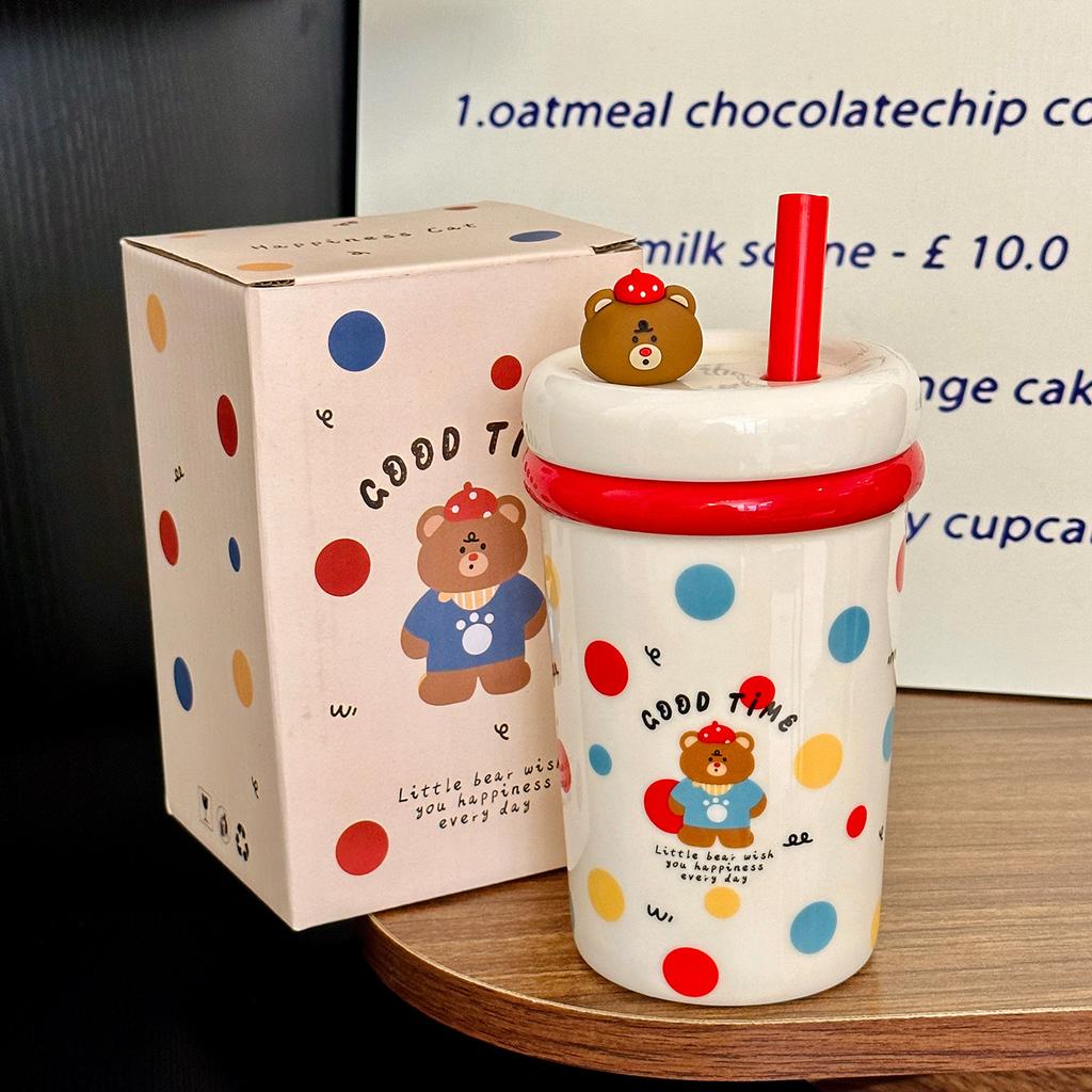 Cartoon Straw Cup Large Capacity Ceramic Drinking Cup with Lid  Cute Animal Breakfast Milk Cup  Souvenir