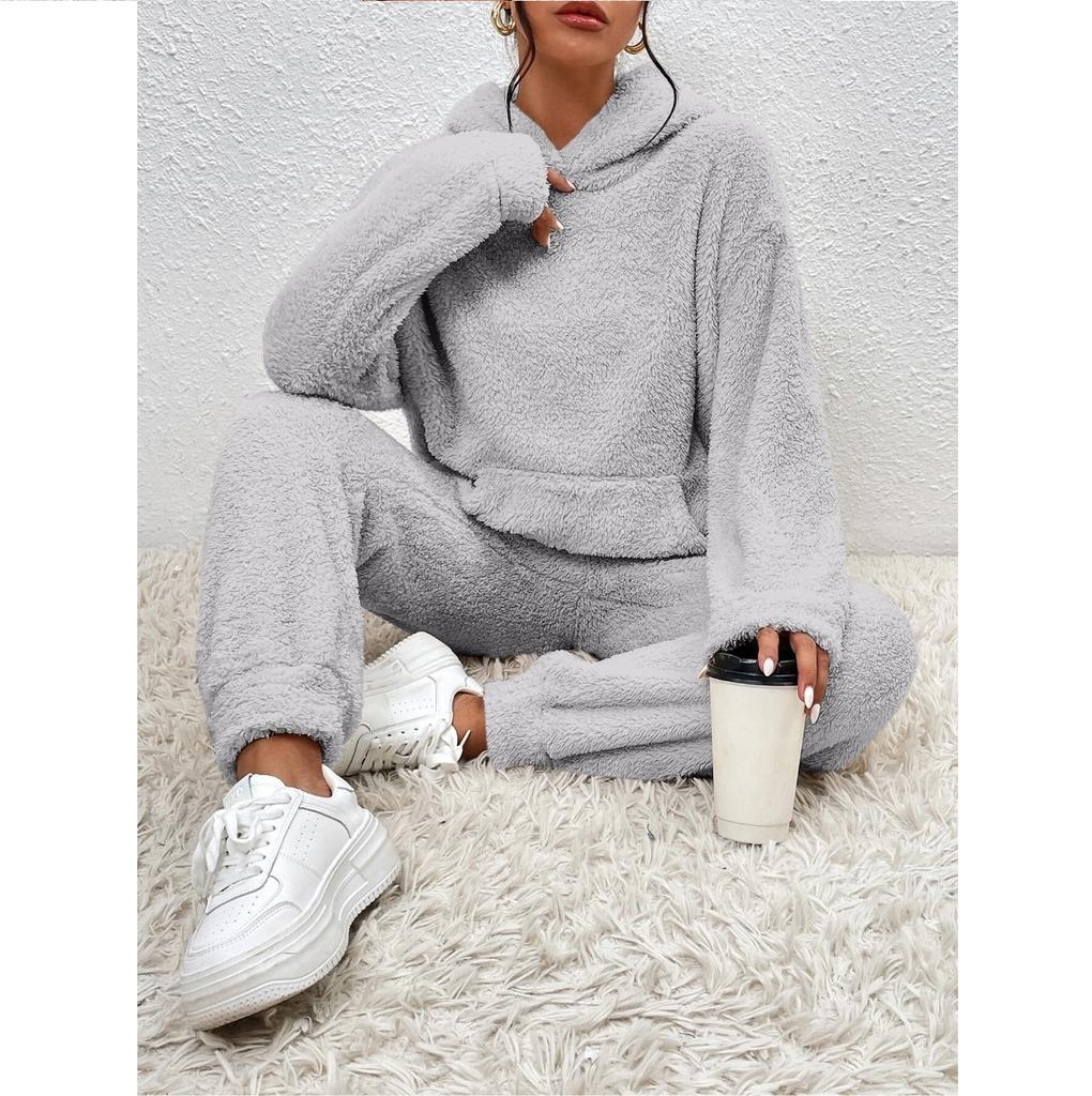 Autumn and Winter Solid Color Women's Hooded Long Sleeved Patch Pocket Casual Pants Home Two-piece Set