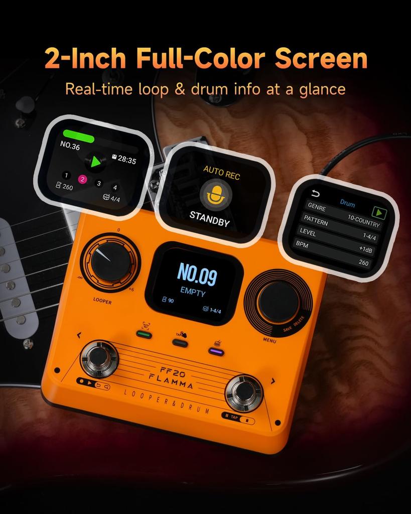 FLAMMA FF20 Педаль лупер Драм-машина с 300 минутами записи 220 барабанных партий 100 Время зацикливания Авто USB Выход для наушников для гитары и баса Экран, Время,