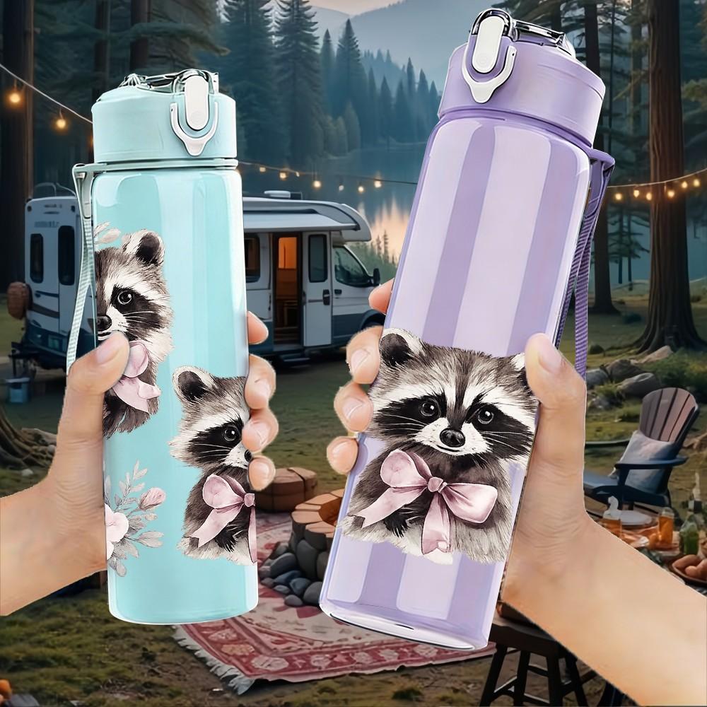 1PC Raccoon Pair Night Wildlife Print 750ml Color Plastic Sports Water Bottle Leakproof Flip Straw Lid Suitable for Sports Office Home Use