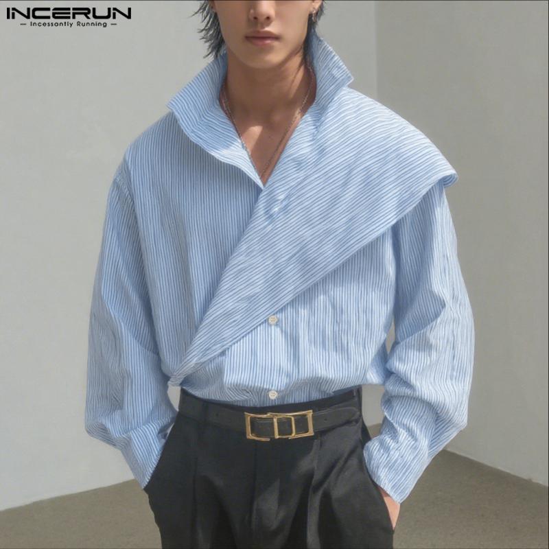 INCERUN Men Long Sleeve Front Cross Irregular Layers Patchwork Striped Casual Cape Shirts