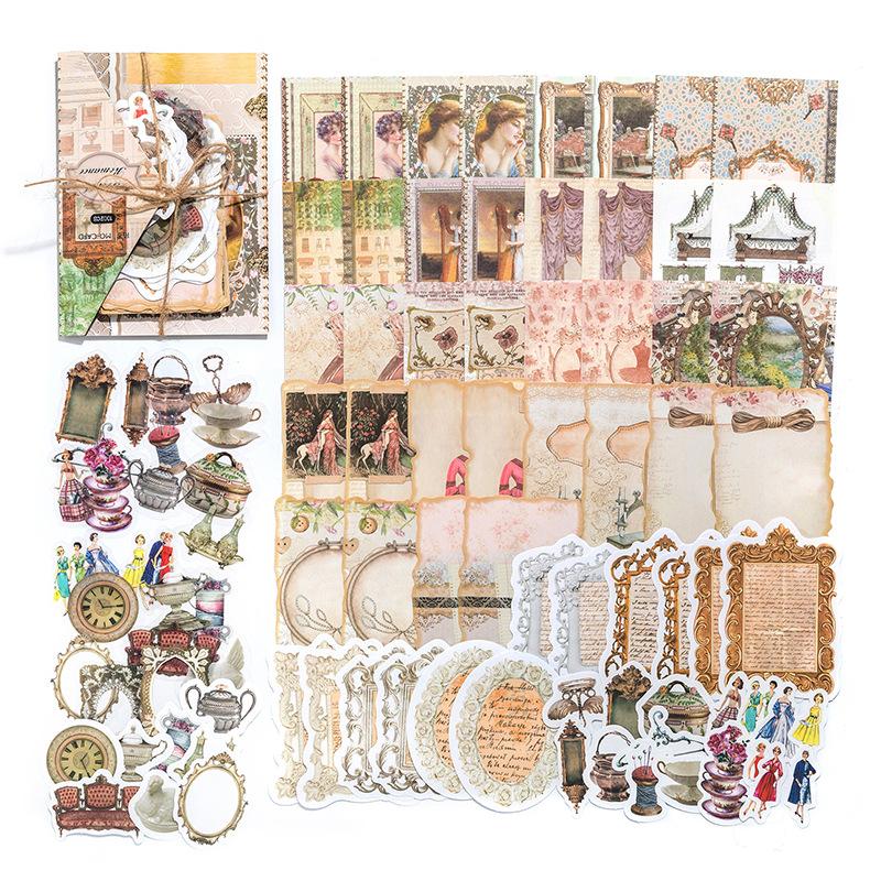 100Pcs Set Vintage Mixed Kit Sticker & Paper 2-in-1 Scrapbook Collage Literary Distressed Decor Supplies