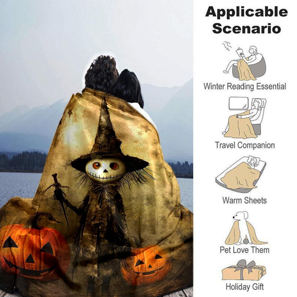 Vintage Skeleton Scarecrow Witch Hat Pumpkin Halloween Print Flannel Throw Blanket Soft Warm Blanket for Sofa Bed Home Decor