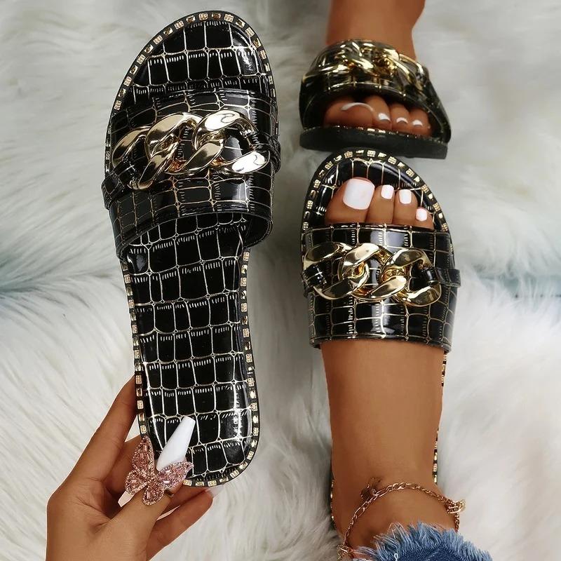 Модные сексуальные однотонные с замком-цепочкой большие размеры, летние новые стильные уличные женские тапочки на плоской подошве в римском стиле, женские сандалии