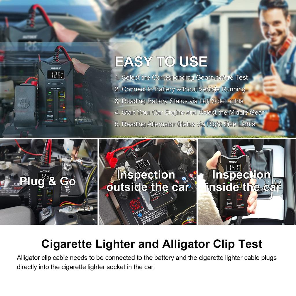 Цифровой тестер аккумуляторов, вольтметр, анализатор системы зарядки генератора переменного тока с ЖК-дисплеем, светодиодным дисплеем, зажимами, кабелем и кабелем прикуривателя