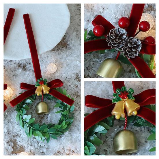 Christmas Bell Wreath Hanging Ornament Mini PVC Garland with Red Bow Xmas Tree Decor
