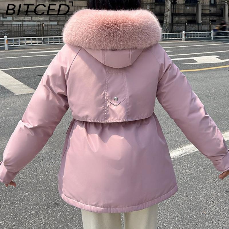 BITCED Winter Thickened Puffer Coat for Women with Waist-cinching, Slimming Fit, Hood and Large Fur Collar for Warmth