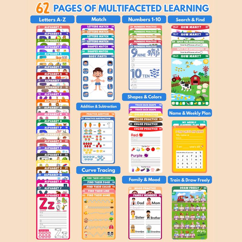 MORECOLL Дошкольные учебные занятия образовательная рабочая тетрадь, 62 страницы многоразового использования рабочие тетради для дошкольников, тетради для прописи цифр и букв для детей,