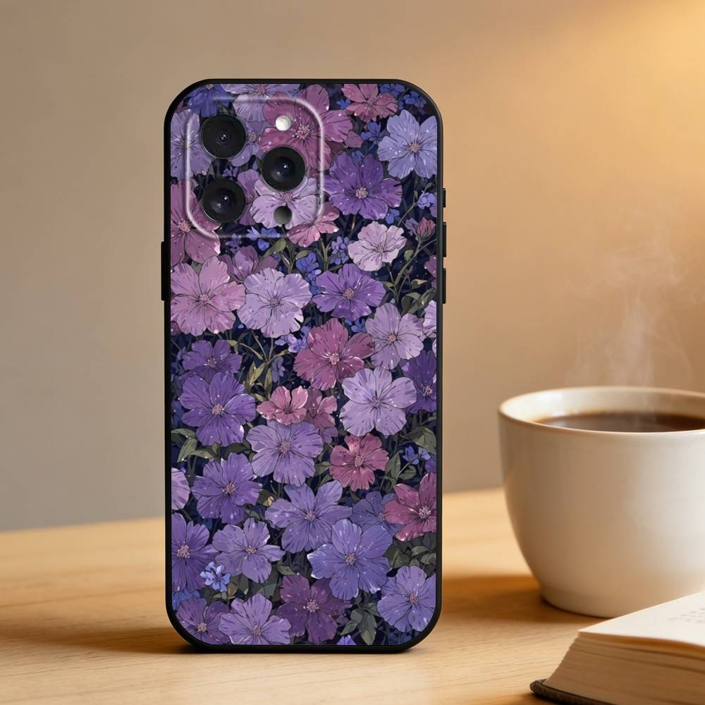 Цветочный арт Чехол для телефона Для iPhone 16,15,14,13,12,17,Pro Max,Plus Силиконовый Черный Чехол