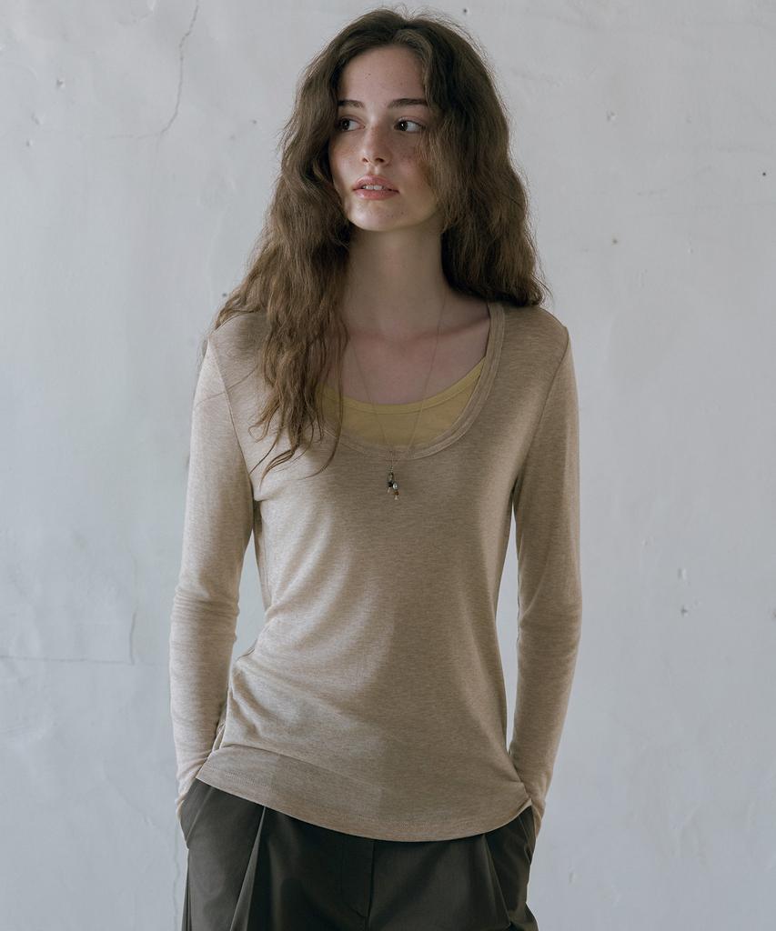 VANONE ATELIER A3634 Layered U-Neck T-Shirt_Beige
